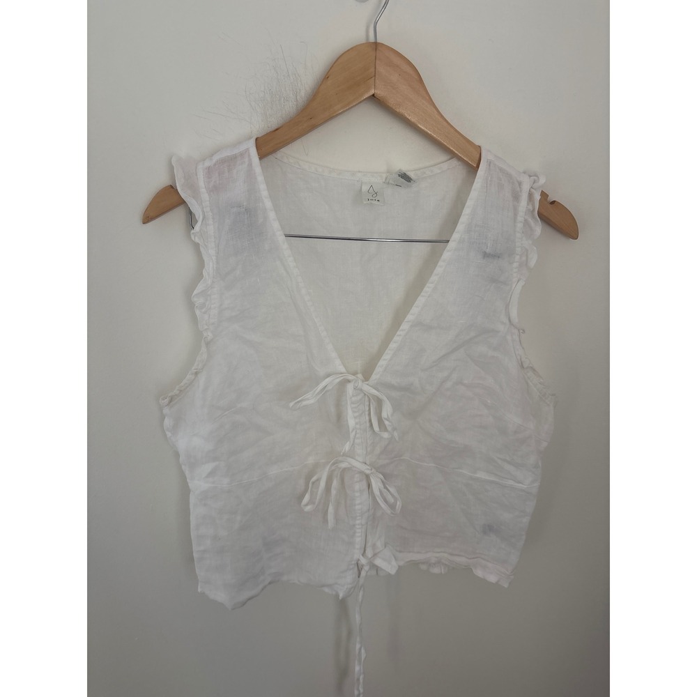 Joie White 100% Linen Tie Front Vest Smocked Back‎ Ruffle Trim Top Large